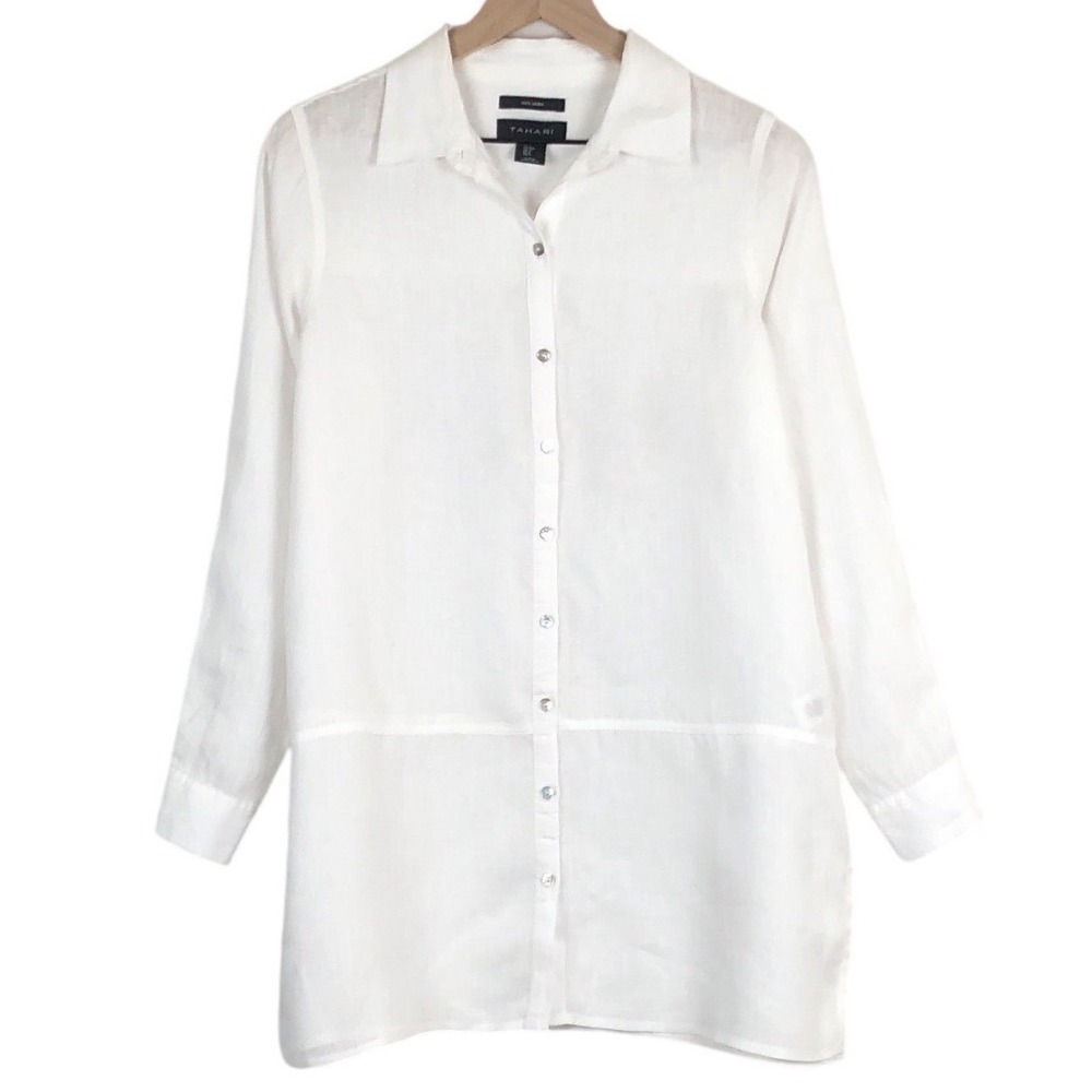 SOLD TAHARI 100% Linen Tunic Shirt‎ Women's Sz S White Button Up Long Sleeve